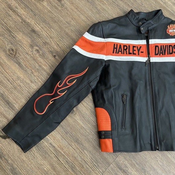 Vintage Harley Davidson Men's USA Genuine Black Orange Leather Riding Jacket 3XL - Picture 4 of 11